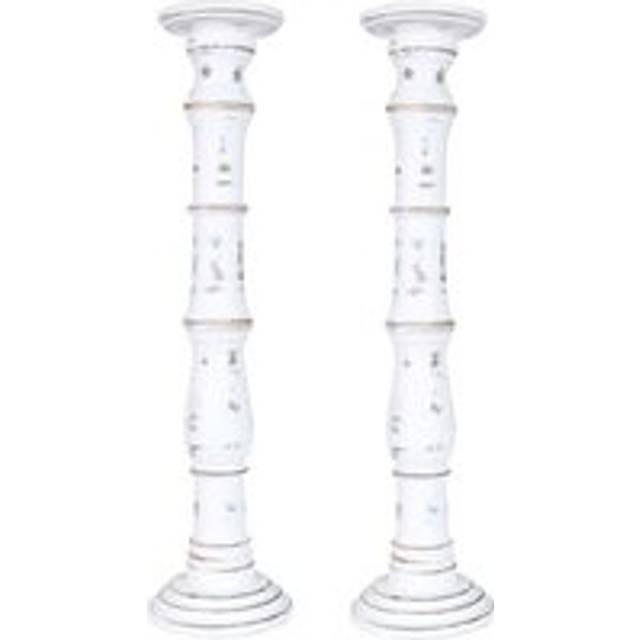 SET OF 2 Rustic Antique Carved Wooden Pillar Church Candle Holder XX Large 61 cm - Off White - One Size