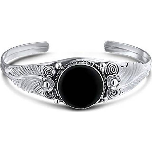 Natural Leaf American Indian Southwest Navajo Style Flower Round Cabochon Statement Black Onyx Wide Cuff Bracelet For Women Sterling Silver .925 black