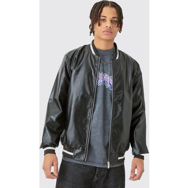 Mens Plain PU Varsity Jacket In Black