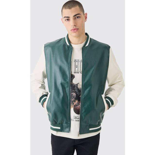 Mens Plain PU Varsity Jacket In Green