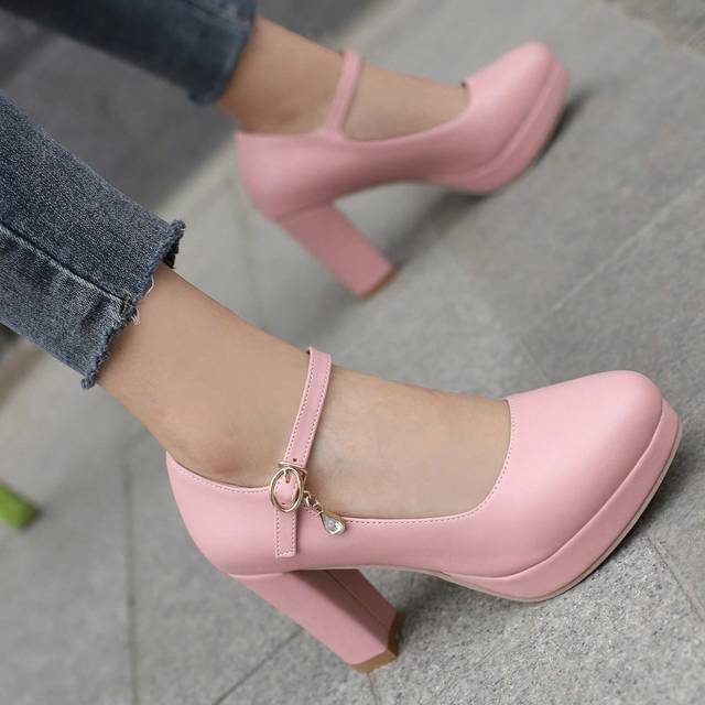 SHEIN Fashionable Light Pink PU Leather Buckle Strap Women High Heel Shoes With Low Vamp, Water Platform, Chunky Heel And Suitable For All Seasons