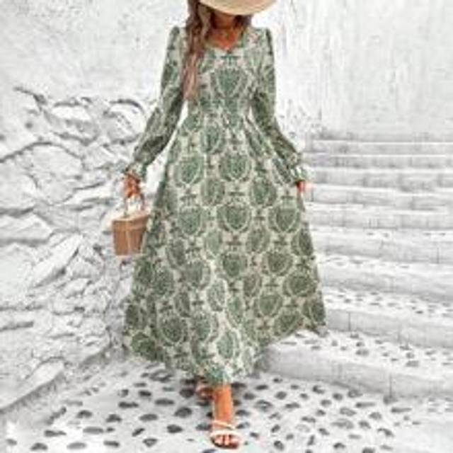 Dam med V-ringad lykta ärm veckad midja Holiday långärmad klänning Maxi dam outfit - Multifärgad (L,M,S,XL)