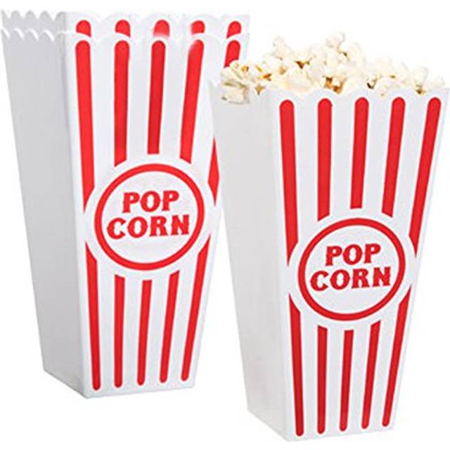"Novelty Place] Plastic Red & White Striped Classic Popcorn Containers for Movie Night - 7.8"" Tall x 3.8"" Square (4 Pack)"
