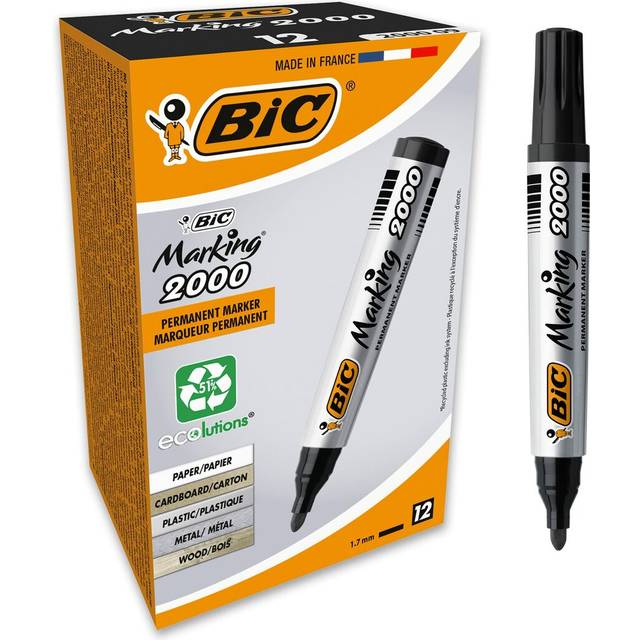 BIC Marking 2000 ECOlutions, Multi-Surface Black Permanent Markers, Ideal for School, Bullet Tip and Quick Drying Ink, Pack of 12