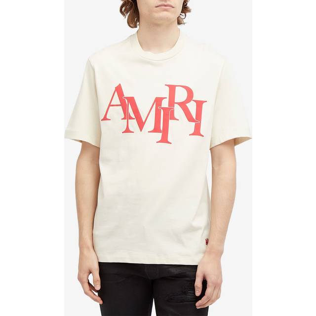 Men's Amiri Staggered Logo Red Printed T-Shirt in Light Beige - Cream - Size: 40/Regular