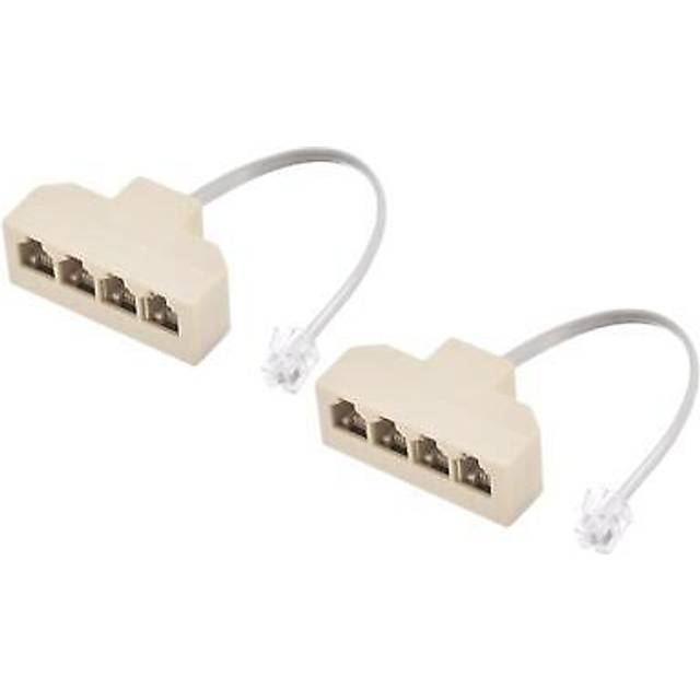 Phone jack splitter 6p4c 4 way socket w telephone extension cord 2 pack