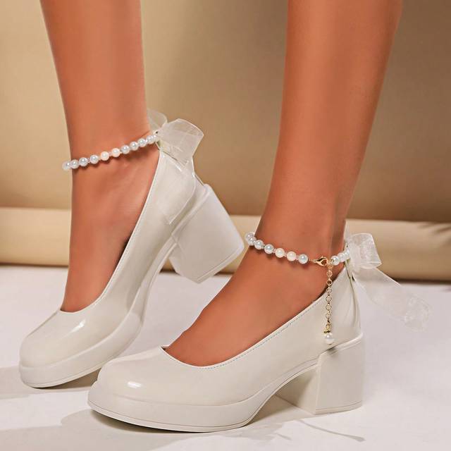 SHEIN European Style High Heel Mary Jane Shoes Women 2024 New White Wedding Shoes French Style Thick Bottom Platform Cakes Shoes Chunky Pumps Shoes