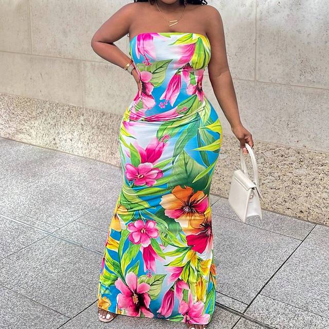 Zivah Summer / Beach Casual Vacation Tube Top Full Flower Print Tight Fishtail Dress Women&#39;s Dress-C