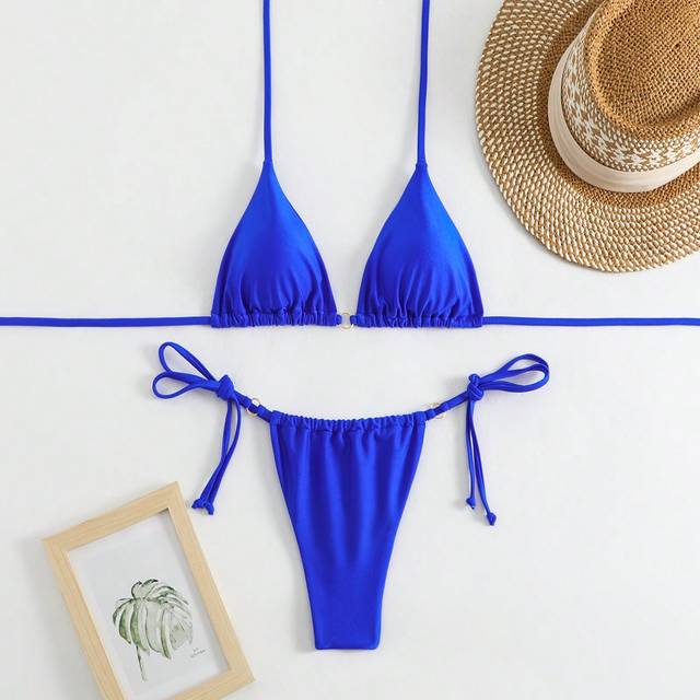 Swim Basics Women&#39;s Solid Color Strap Thong Bikini Set For Holiday, Sexy Bikini Set,Summer Beach