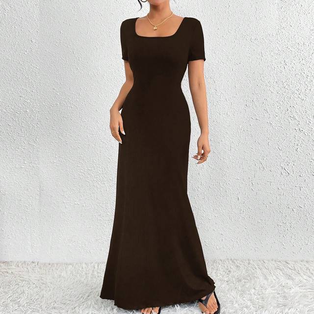 SHEIN Elegant Ladies&#39; Solid Color Square Neck Short Sleeve Long Dress Maxi Women Outfit
