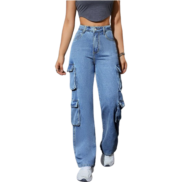 Kvinnors Y2K jeans med hög midja med raka ben i flera fickor - Mediumtvätt (L,M,S,XL,XS)