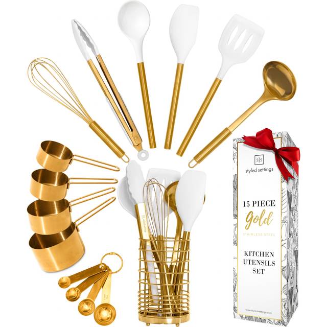 Styled Settings White and Gold Cooking Utensils Set with Holder - 15-Piece Silicone Cooking Tools with Utensil Holder  Measuring Cups  and Spoons - El