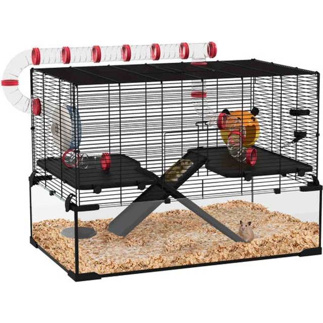 PawHut Hamster Cage w/ Tunnels, Tubes, Ramps, Platforms, Hut, 78.5 x 48.5 x 57cm, Black