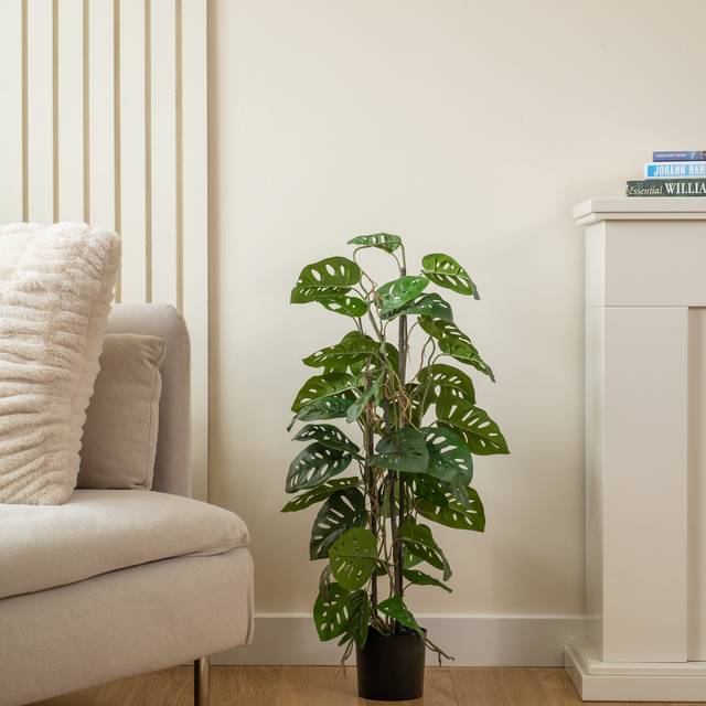 Artificial Monkey Mask Monstera Plant in Black Plastic Plant Pot - Green