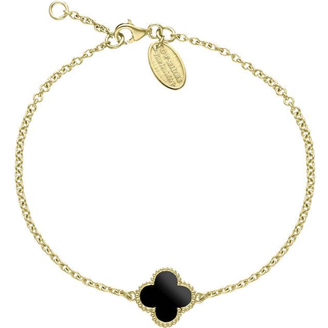 9ct Yellow Gold Whitby Jet Bloom Four Leaf Clover Ball Edge Chain Bracelet