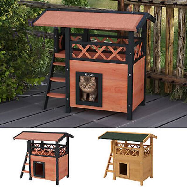 Outdoor wooden cat shelter puppy kennel w/ balcony stairs