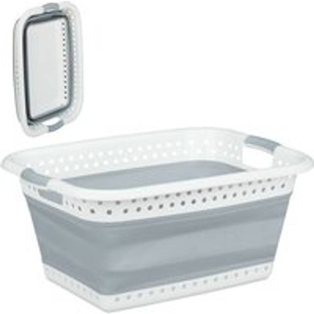 Folding Laundry Hamper with Handles, Plastic & Silicone, Compact Storage Basket, hwd 27x61x45.5 cm, Grey - Relaxdays