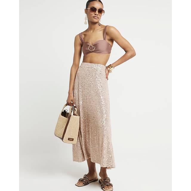 River Island Womens Rose Gold Sequin Midi Skirt - 10
