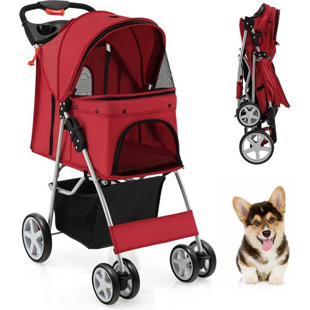 4-Wheel Folding Pet Stroller with Storage Basket and Adjustable Canopy-Red