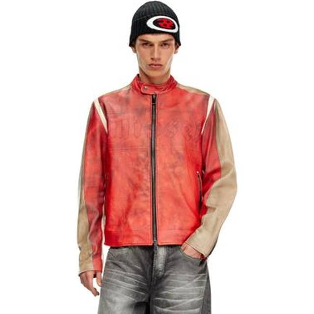 Diesel - Veste biker en cuir effet sali - Vestes de cuir - Homme - Rouge