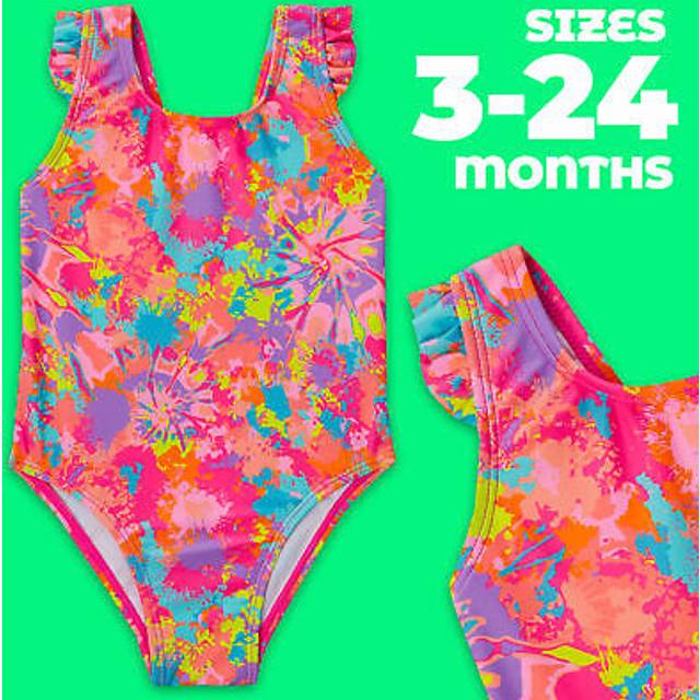 (Pink, 9-12 Months) Baby Girls One Piece Swimsuit Swimwear Tye Dye Colourful Pink Neon Vibrant Colours 3-6 6-9 9-12 12-18 18-24 Months
