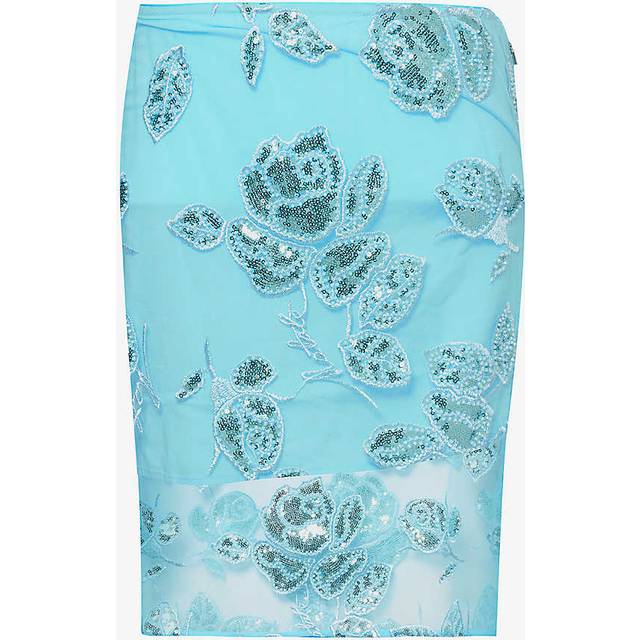 Rotate Birger Christensen Womens Blue Topaz Sequin-embellished High-rise Recycled-polyester Midi Skirt 12 - BLUE TOPAZ