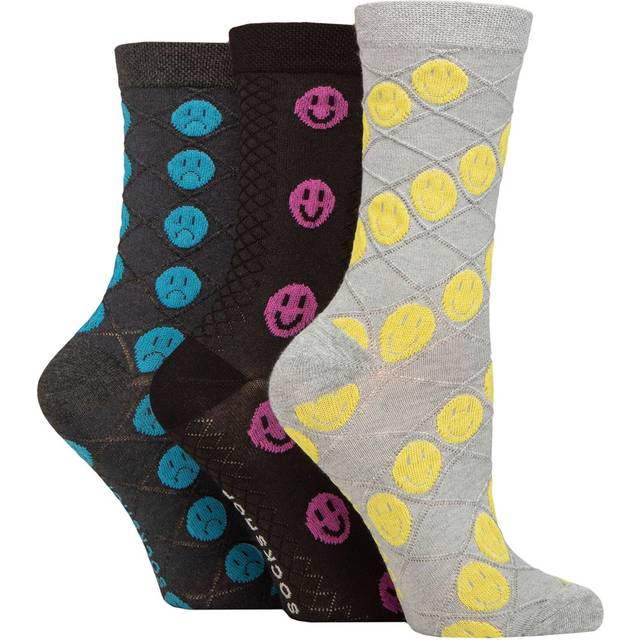 Women's 3 Pair SOCKSHOP Patterned Pelerine Bamboo Socks Smiley Face 4-8 - Assorted