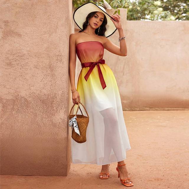 Aveloria Solid/Gradient Color Ribbon Waist Bandeau Organza Mesh Sheer Dress