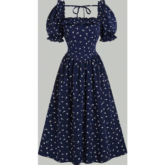 Sweetra Women&#39;s Simple Floral Printed Square Neckline Balloon Sleeve Dress Maxi Women Outfit