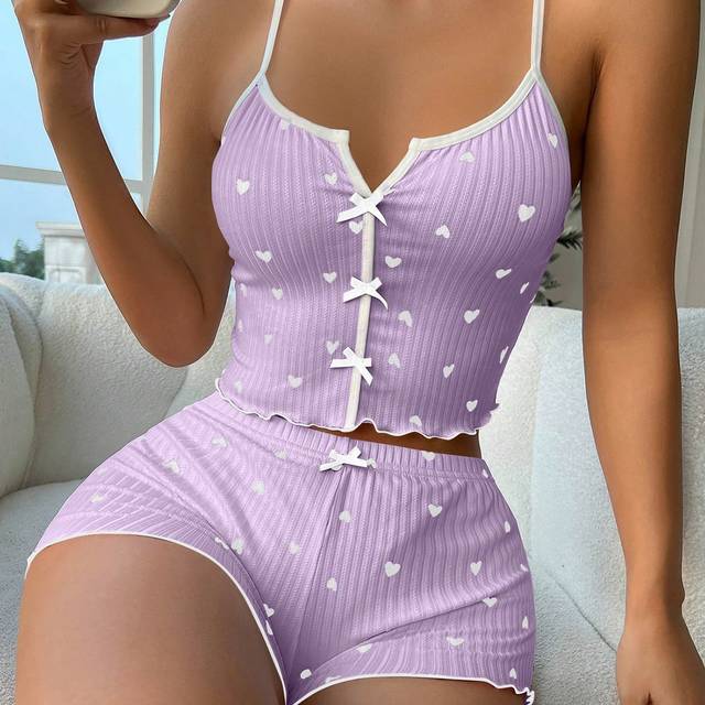 SHEIN Heart Print Bow Decorated Cami Top And Shorts Pajama Set