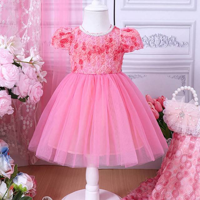 SHEIN Wedding Season Baby Girl Cute Party Dress With 3D Flowers, Bubble Sleeves And Mesh Hem
