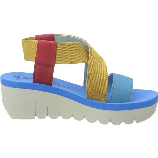 Fly London Yabi922Fly Leather Women's Wedge Heel Sandals - Lipstick Red Yellow Azurre - UK 5