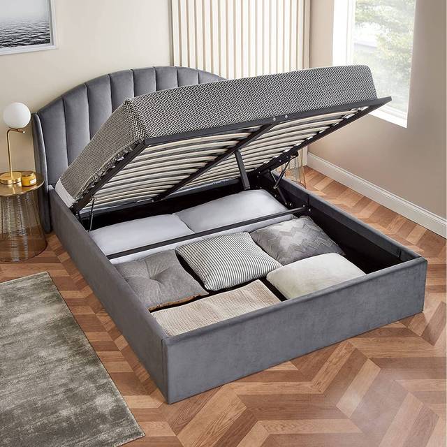 Home Treats Ottoman Bed Frame Velvet Winged Headboard King Size Storage Bed With Mattress, Grey