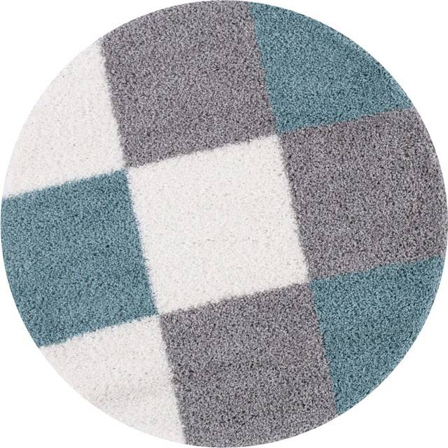 THE RUGS Fluffy and Soft Shaggy Rugs Living Room Rug in Duck Egg Blue - Elegant Geometric Design Carpets For Bedrooms And Kitchen - 381 - 120cm diameter