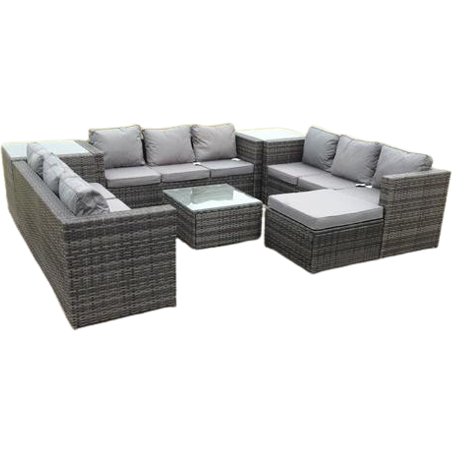 Fimous 10 Seater U Shape Rattan Sofa Set Outdoor Garden Furniture Patio With 3 Table Dark Grey Mixed