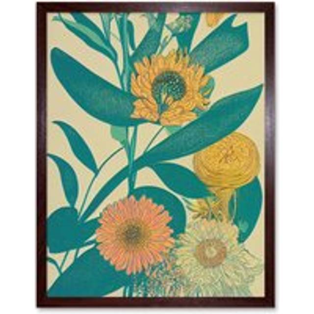 Wall Art Print Abstract Linocut Boho Hydrangea Flowers In Pastel Greens, Yellows Orange Art Framed - Brown - W12 inch x H16 inch