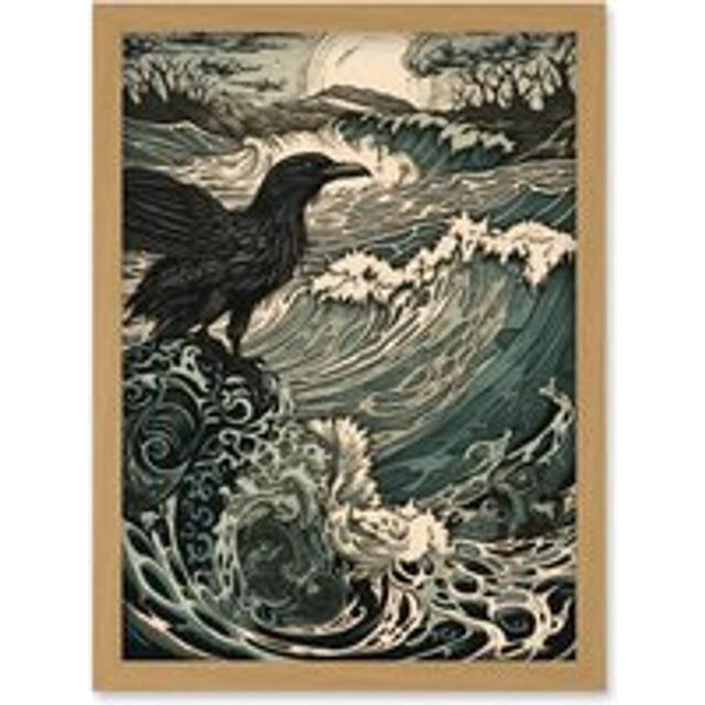 Raven and Crashing Waves Coastal Sunrise Landscape Artwork Framed Wall Art Print A4 - Tan - One Size