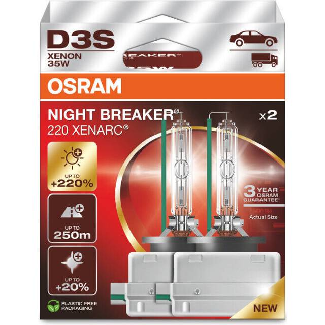 OSRAM XENARC NIGHT BREAKER 220, D3S, 220% mer ljusstyrka, xenonstrålkastarlampa, 66340XN2-2HB, Folding Box (2 lampor)
