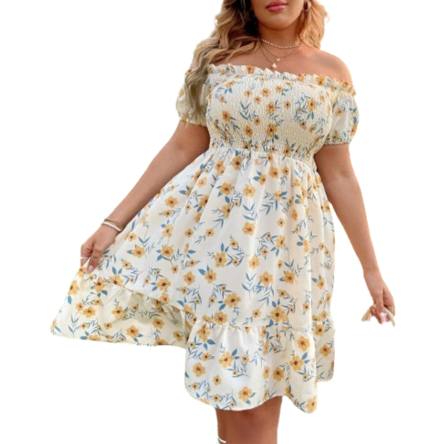 Sunnyshic Plus Floral Print Off Shoulder Shirred Ruffle Hem Dress Vacation Beach Outfits Women Plus Size Boho Summer Dress