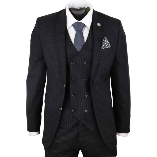 TruClothing Mens 3 Piece Black Pinstripe Retro Suit - Size 38 (Chest)
