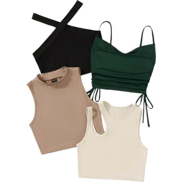 Flirla 1pc Drawstring Cami Top & 2pcs Tank Top & 1pc Halter Top, Going Out Top