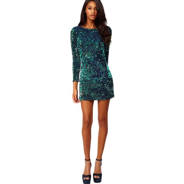 (Green, 2XL) Women Sequin Bodycon Mini Club Dress Round Neck 3/4 Sleeve Plunge Back Party