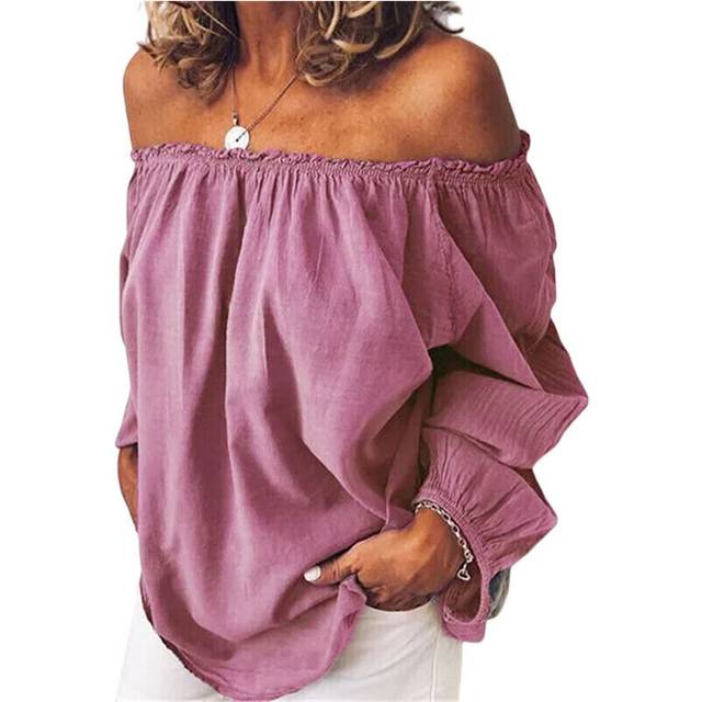 (Red, 5XL) Plus Size Women Off Shoulder Frill Tops Ladies Casual Long Sleeve Blouse T-shirt