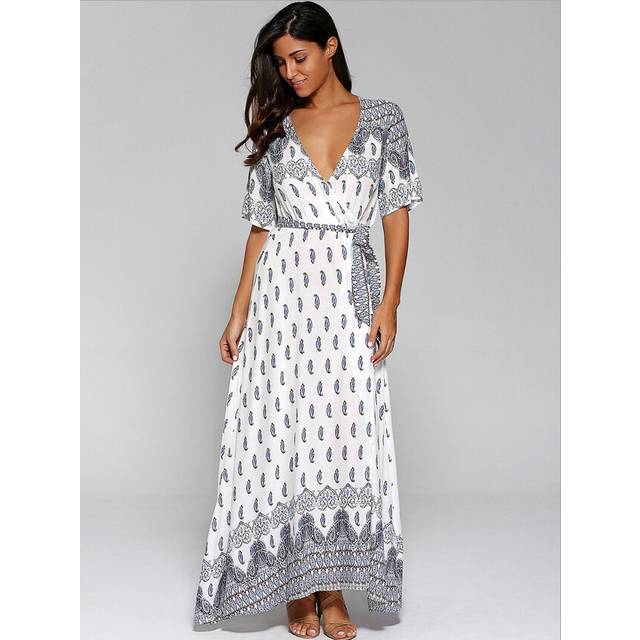 (14, White) Gorgeous Boho Floral Bell Sleeve Hippie Long Dress