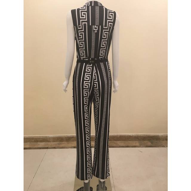 (2XL, White) Black Geo Print Wide-Leg Jumpsuit w/ Metal Belt