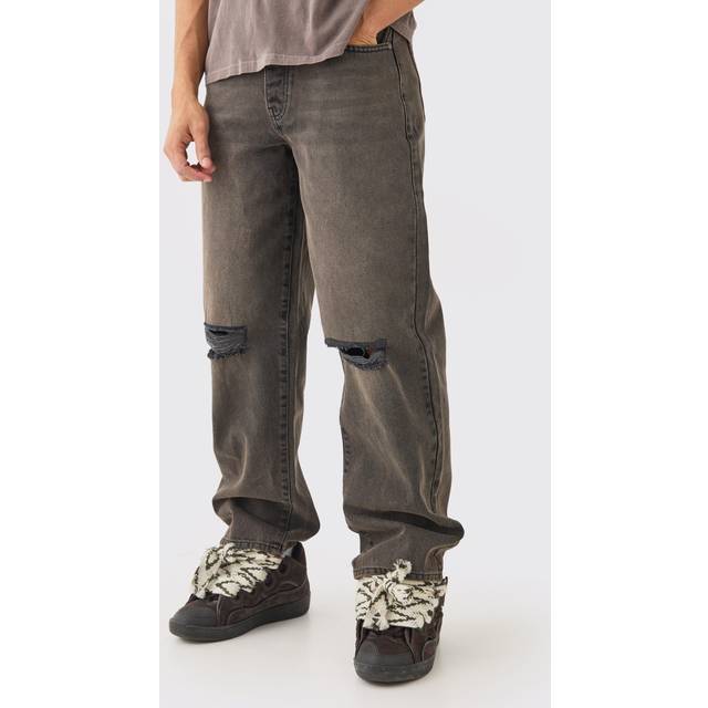 Mens Baggy Rigid Brown Wash Ripped Knee Jeans