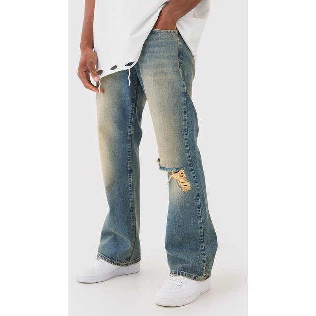 Relaxed Flare Rigid Knee Rip Tinted Denim Jean - Green - 30R