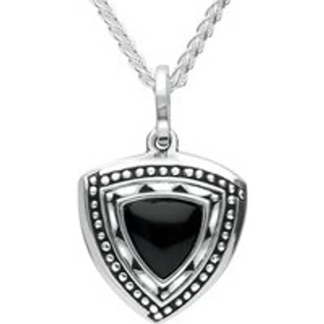 Sterling Silver Whitby Jet Oxidised Triangle Shield Necklace - Silver