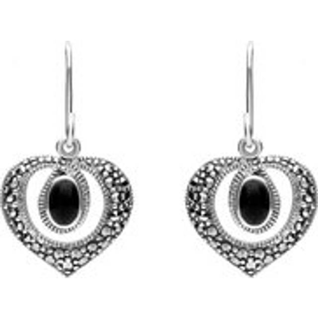 Sterling Silver Whitby Jet Marcasite Oval Swirl Heart Hook Earrings - Option1 Value Silver