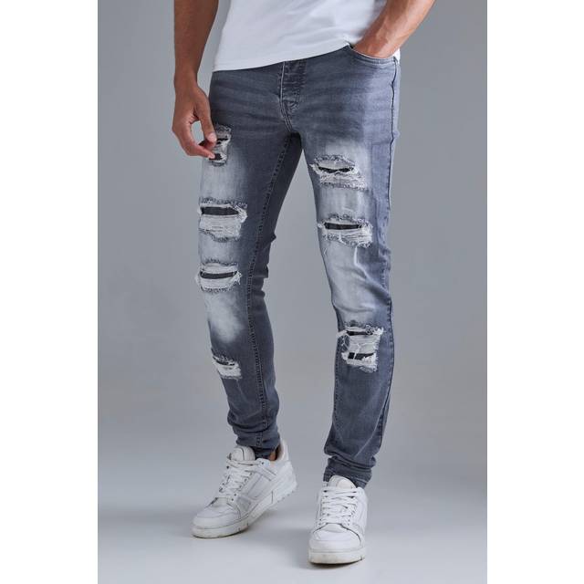 Mens Skinny Stacked Distressed Ripped Jeans In Grey